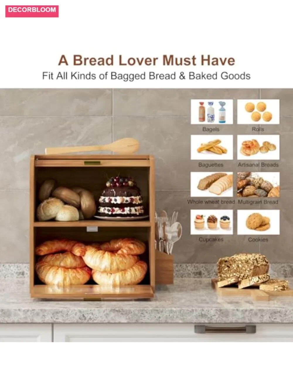 Roll Top Bread Box Vintage Wooden Kitchen Storage With Window